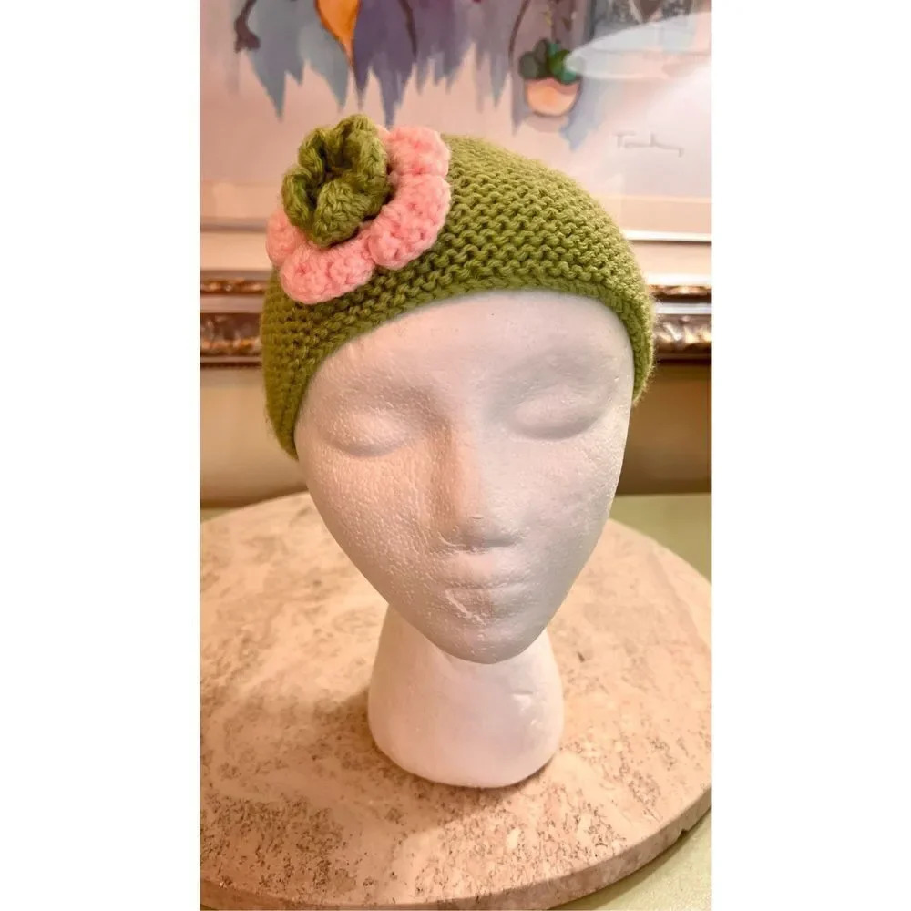 Vintage Handmade‎ Knit Children’s Hat Beanie Floral Pom Green Pink Warm